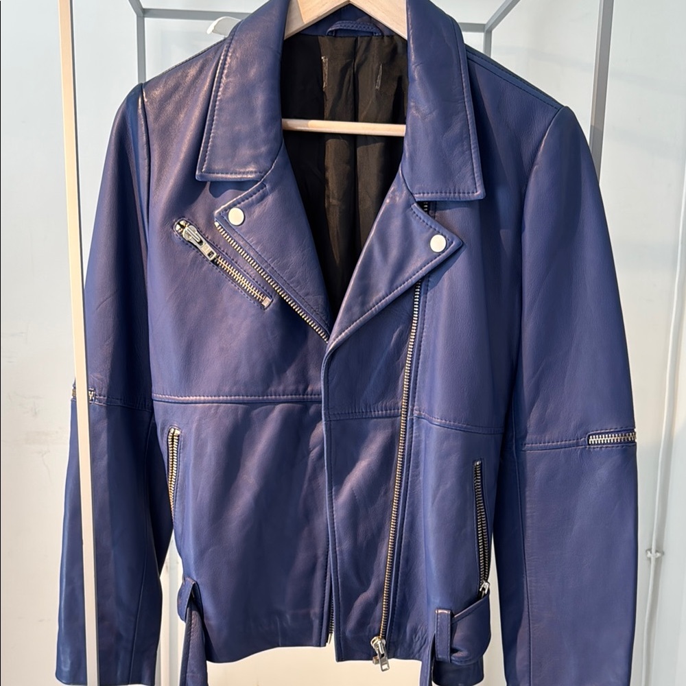 Neuw Blue Leather Moto Jacket Asymmetrical Design